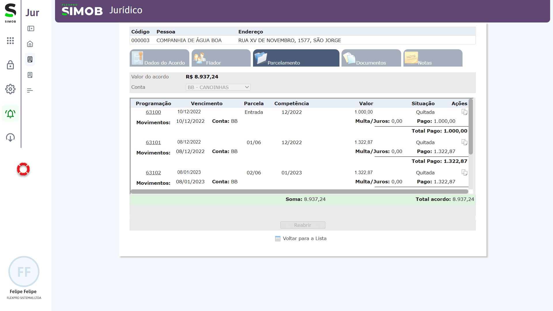 ERP imobiliário SIMOB com gestão completa de acordo jurídico, controle de parcelas quitadas, rastreabilidade de pagamentos e validação do total negociado.
