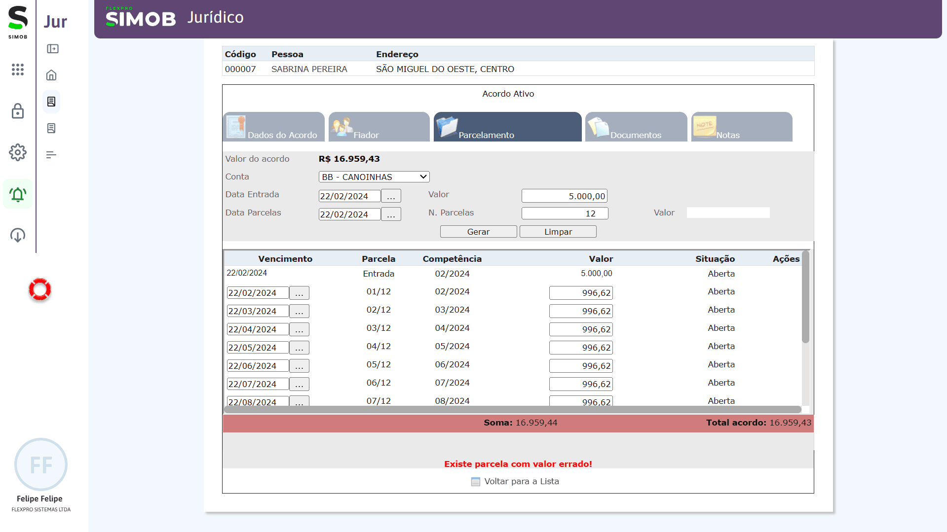 Tela de parcelamento de acordo no módulo Jurídico do SIMOB com geração automática de parcelas, controle de vencimentos e validação de valores.