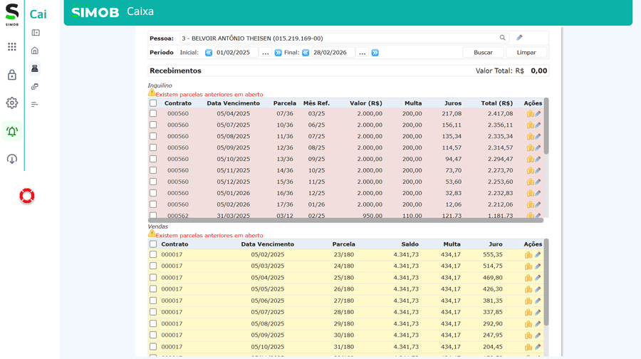 Tela do módulo de caixa no SIMOB Flexpro exibindo recebimentos de contratos de locação, parcelas em aberto, multas, juros e saldo atualizado da imobiliária.