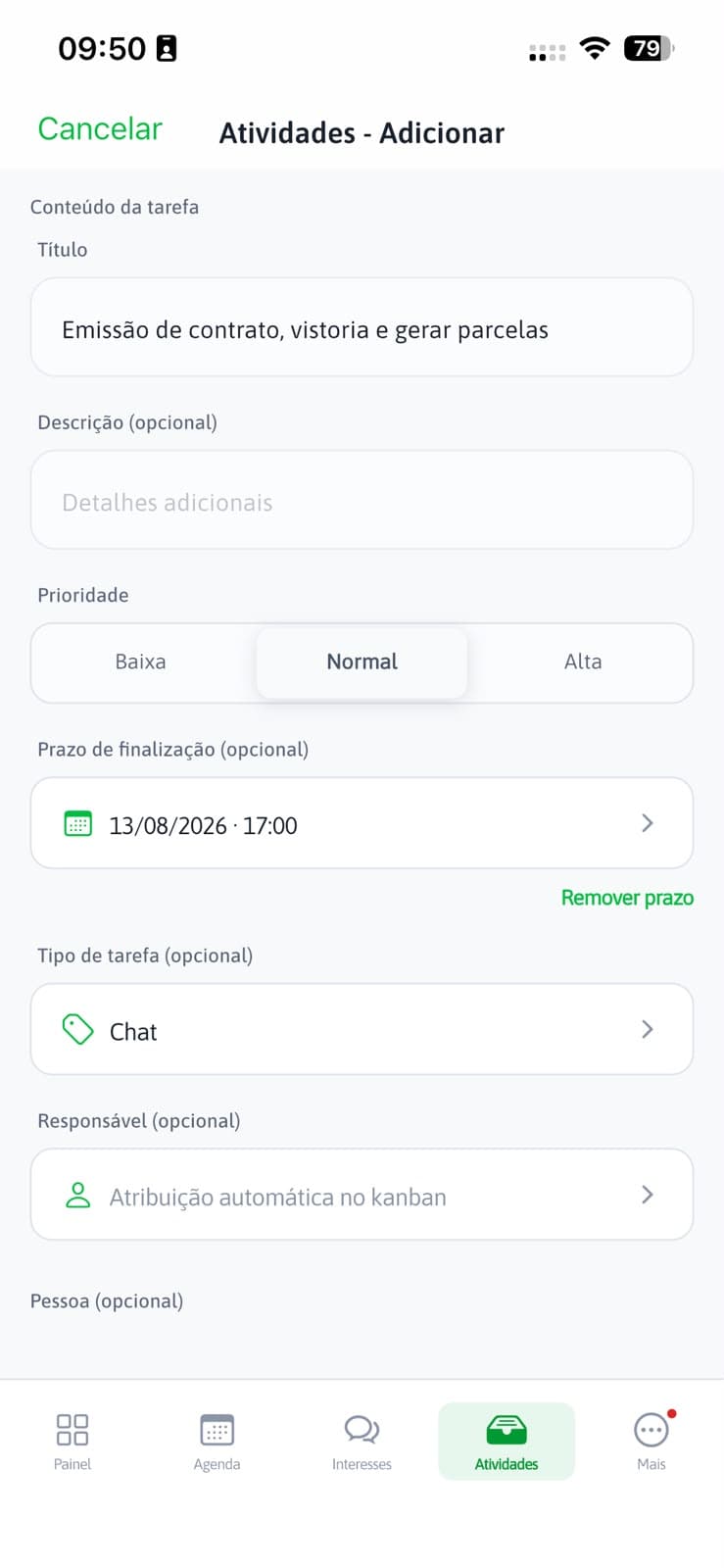 Tela de criação de atividade no aplicativo do Moov