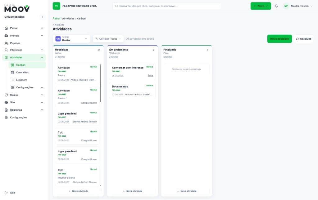 Kanban de atividades no Moov CRM