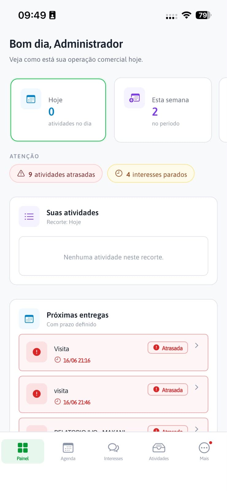 Painel do dia no aplicativo