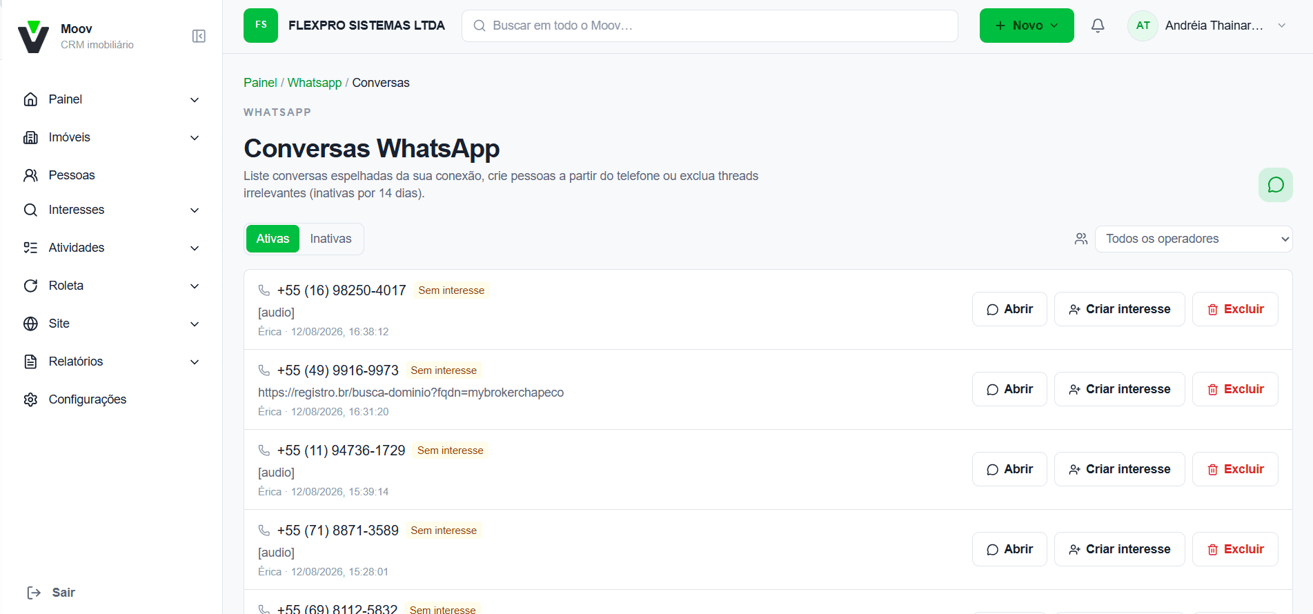 Conversas do WhatsApp espelhadas no Moov CRM