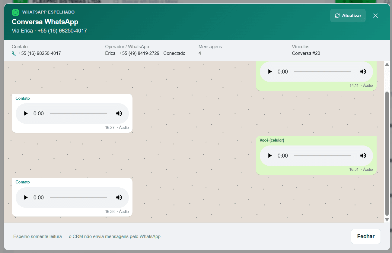 Histórico da conversa WhatsApp em modo somente leitura no Moov
