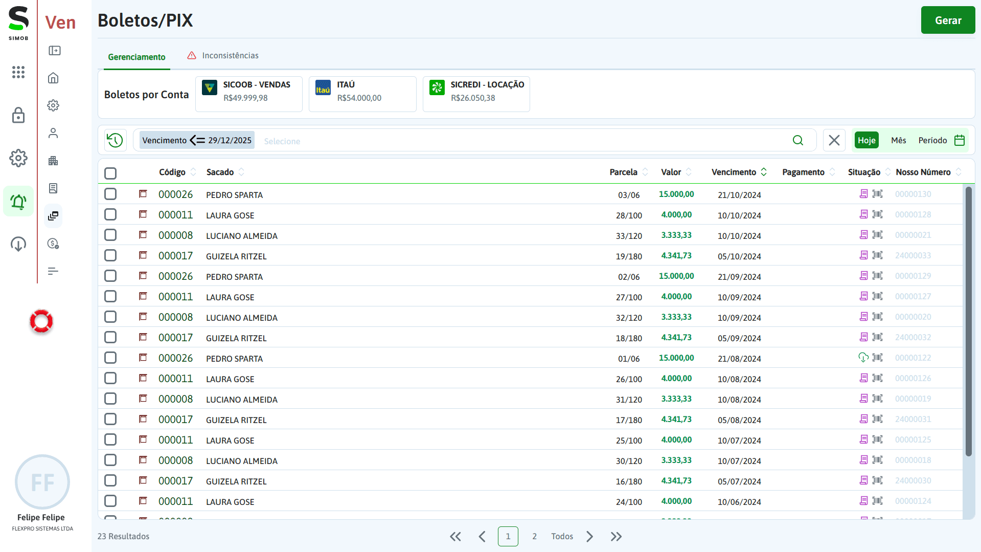 Tela de boletos e PIX do módulo de vendas no SIMOB Flexpro exibindo parcelas, vencimentos, valores e integração bancária para controle financeiro da venda imobiliária.