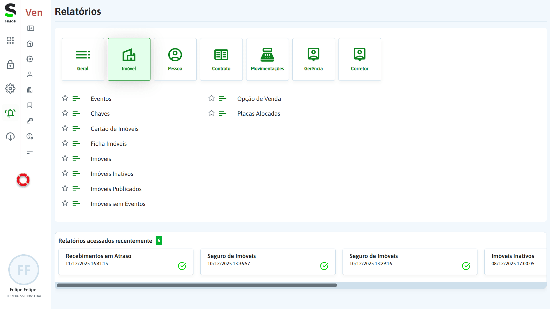 Tela de relatórios do módulo de vendas no SIMOB Flexpro exibindo indicadores de imóveis, eventos, publicações e movimentações para análise estratégica da carteira imobiliária.
