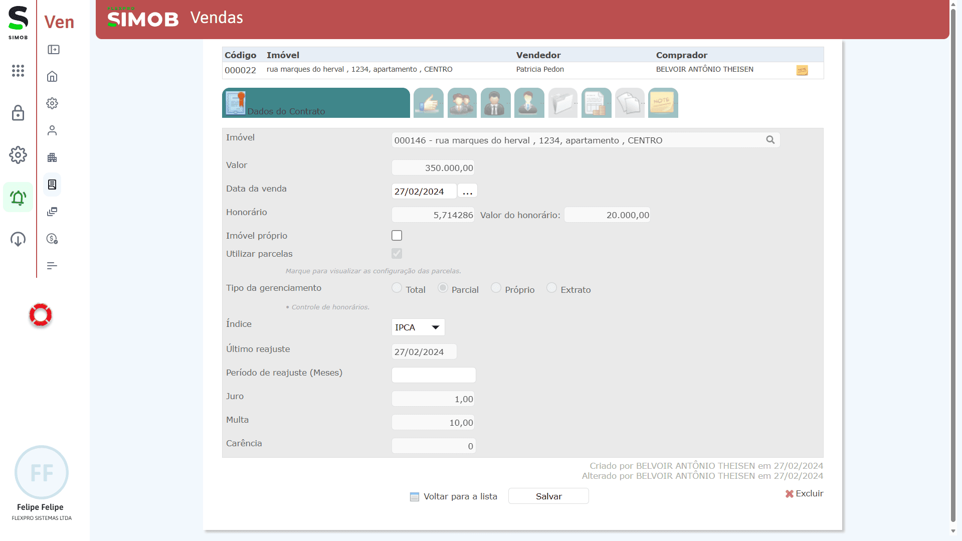 Tela de dados do contrato de venda no SIMOB Flexpro exibindo imóvel, valor negociado, honorários, índice de reajuste e informações completas do processo comercial.