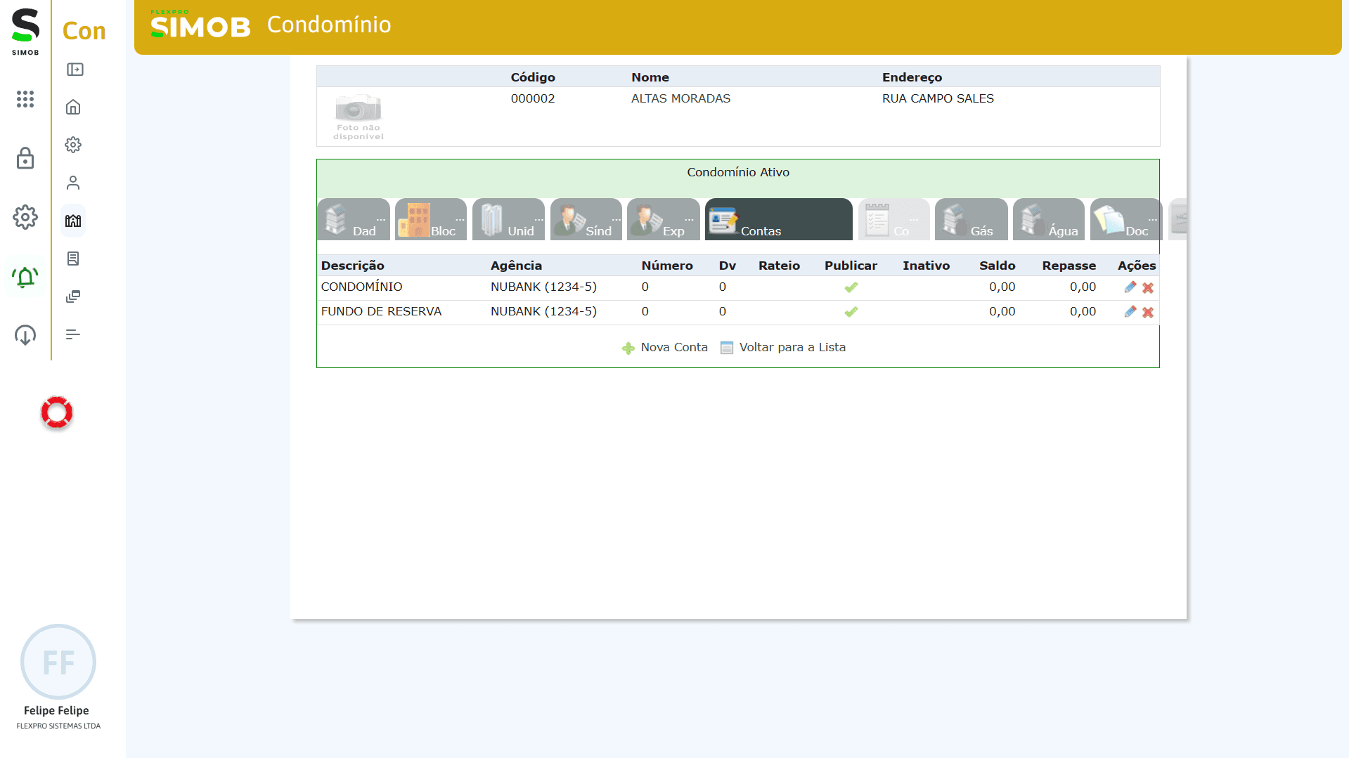 Tela de contas do condomínio no SIMOB Flexpro exibindo cadastro de contas bancárias, fundo de reserva, agência, rateio e controle de saldo.