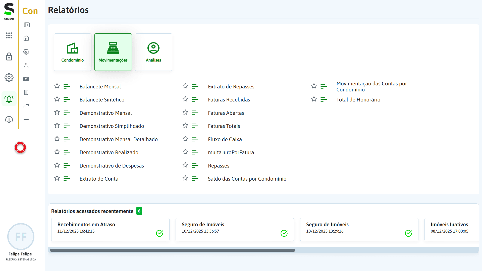 Tela de relatórios do módulo Condomínio no SIMOB Flexpro exibindo balancete mensal, demonstrativos, extrato de conta, fluxo de caixa e relatórios de repasse.
