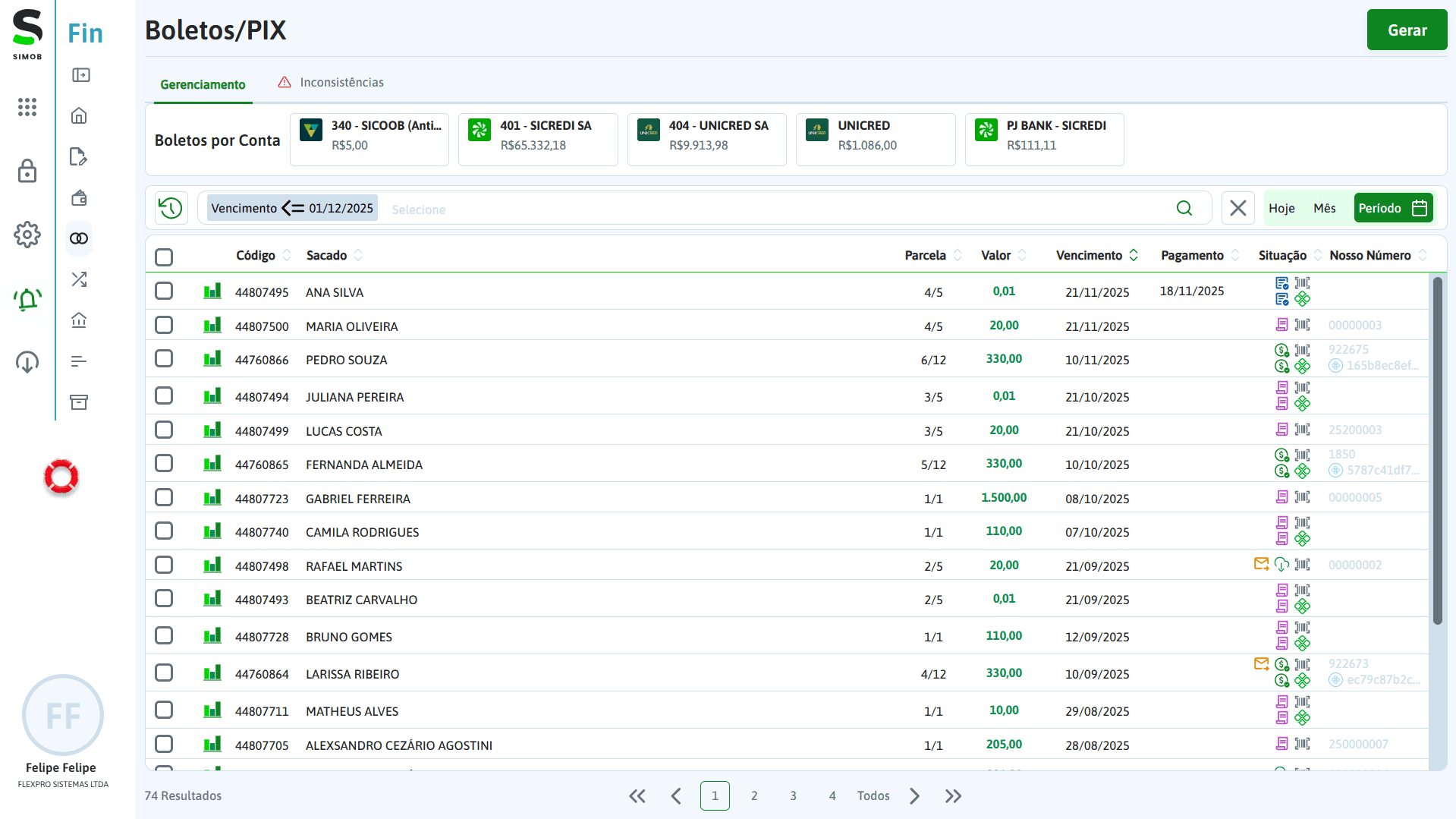 Tela de gerenciamento de boletos e PIX no SIMOB Flexpro exibindo títulos por conta bancária, parcelas, vencimentos, valores e status de pagamento.