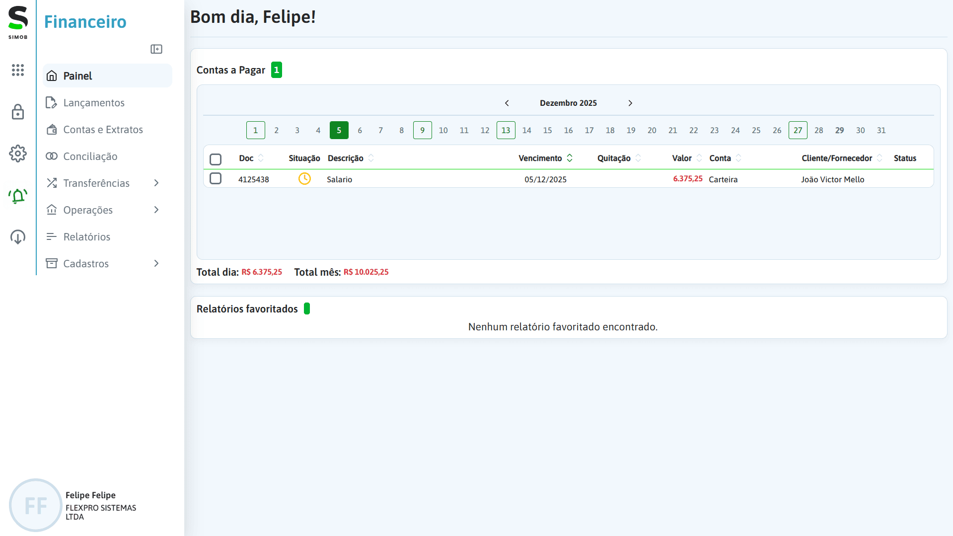 Tela do módulo financeiro no SIMOB Flexpro exibindo contas a pagar, vencimentos, lançamentos e integração financeira entre os módulos da gestão imobiliária.