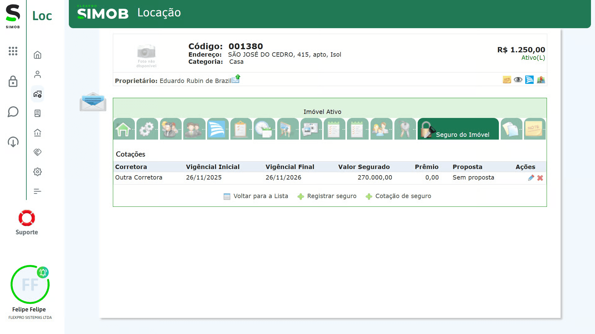 Tela do módulo de seguro do imóvel no SIMOB Flexpro exibindo cotações, vigência, valor segurado e integração financeira vinculada ao contrato de locação.