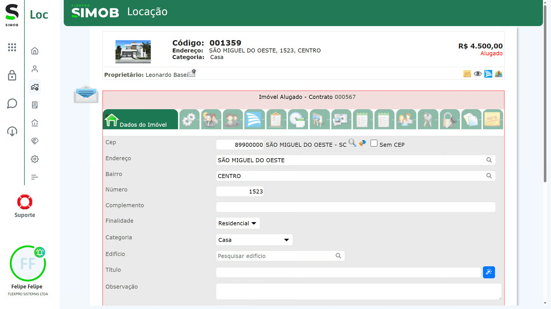 Tela de dados do imóvel alugado no SIMOB Flexpro exibindo endereço, categoria, finalidade residencial e vínculo com contrato na gestão de locação.