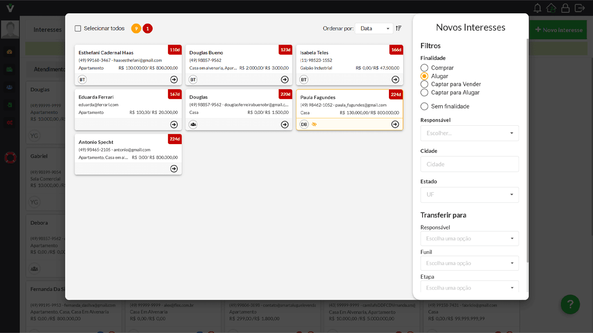 Sistema CRM para imobiliária com organização de leads, filtro por finalidade de compra ou aluguel e distribuição automática para corretores.