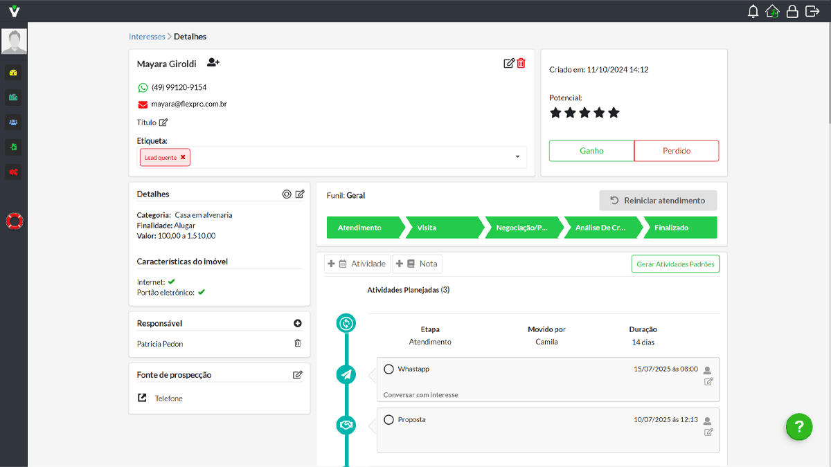 Sistema CRM para imobiliária com ficha completa do interessado, acompanhamento por etapa de atendimento e histórico de interações.