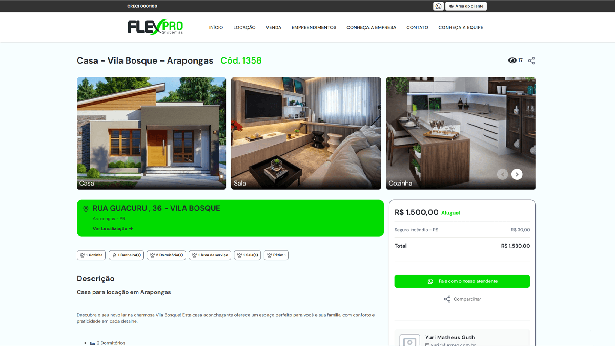 Página de anúncio imobiliário com fotos do imóvel, descrição detalhada, preço de locação, localização e botão de contato com corretor.