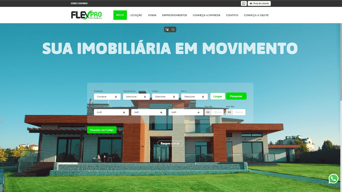 Site para imobiliária com vitrine de imóveis, sistema de busca por filtros, integração com CRM e foco em captação de leads.