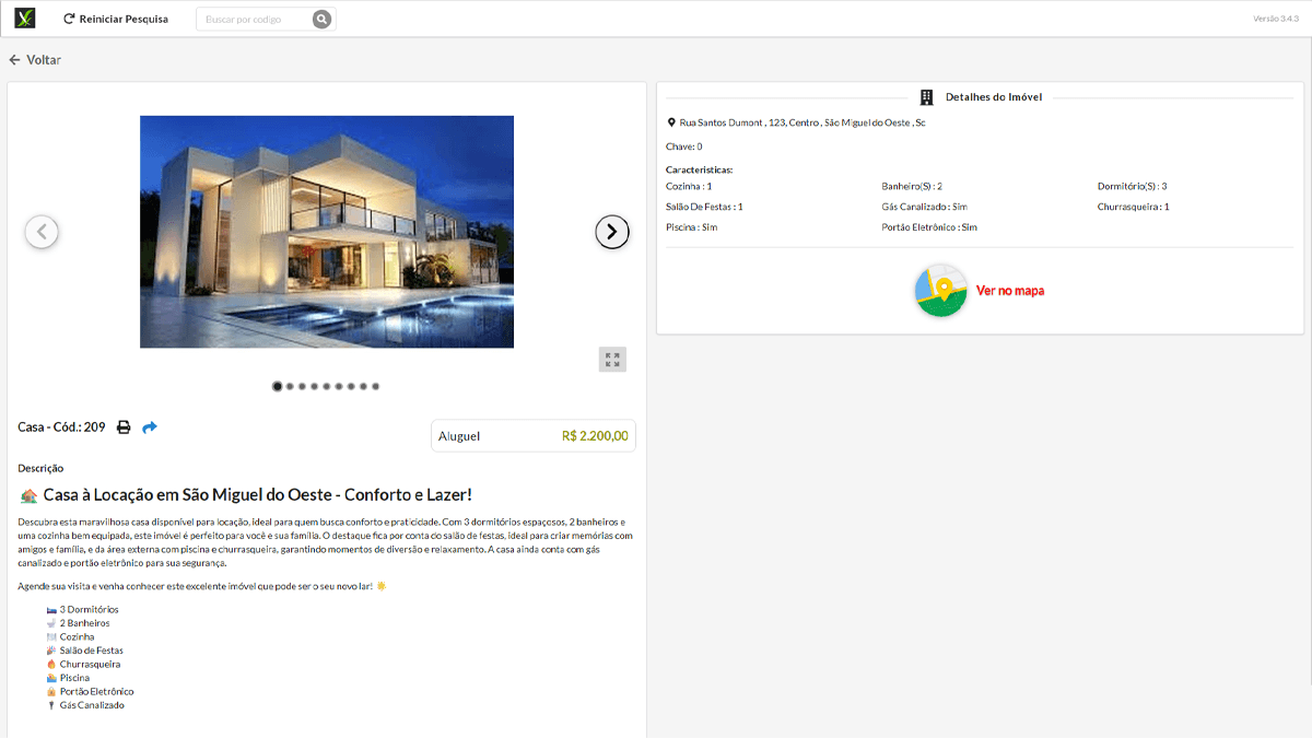 Site imobiliário responsivo com visualização de imóvel para locação, fotos em destaque, características técnicas, preço e botão para ver no mapa.